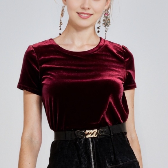 Forever 21 Tops - Forever 21 burgundy ribbed velvet short sleeve top